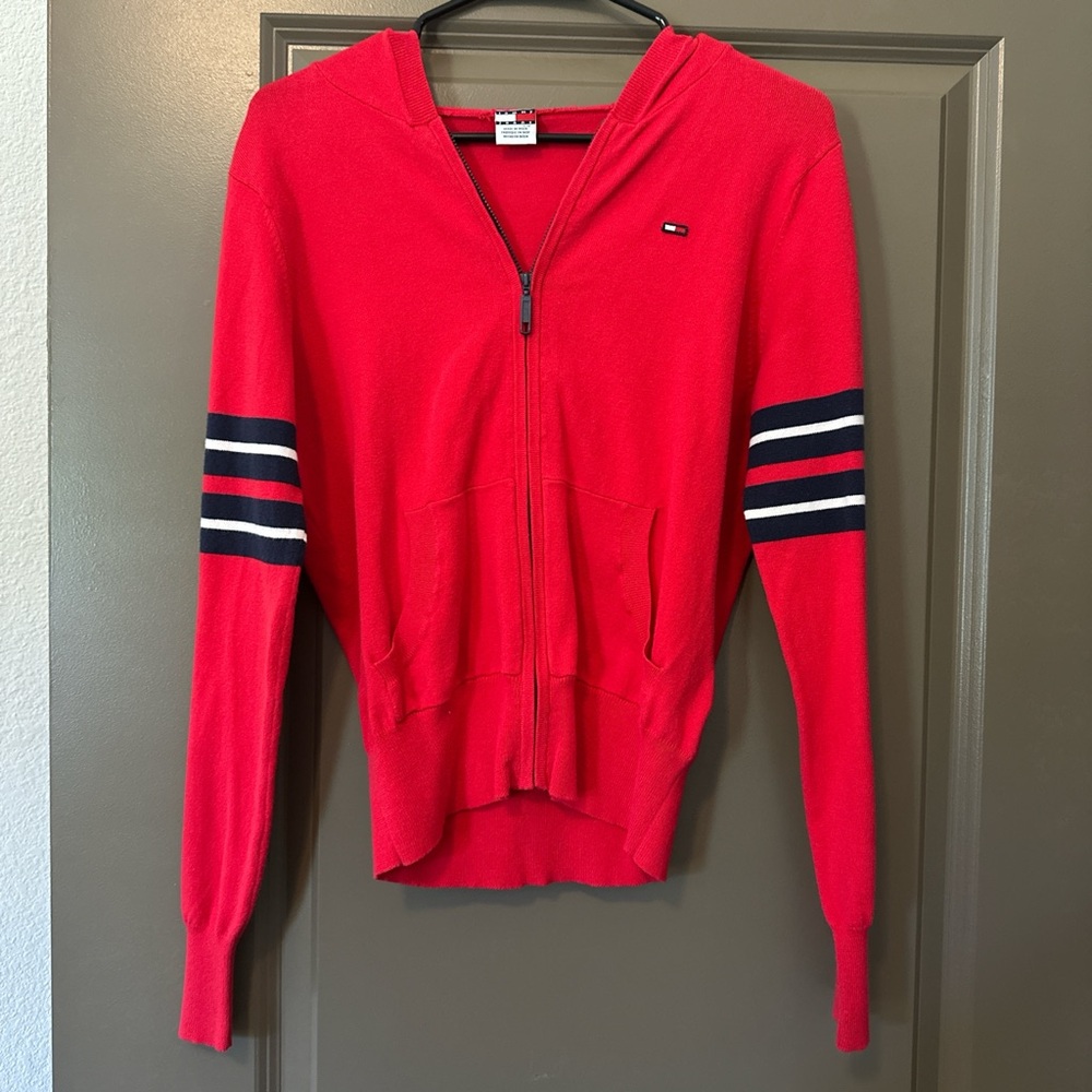 Tommy Hilfiger Red Zip-Up Cardigan with Navy Stripes